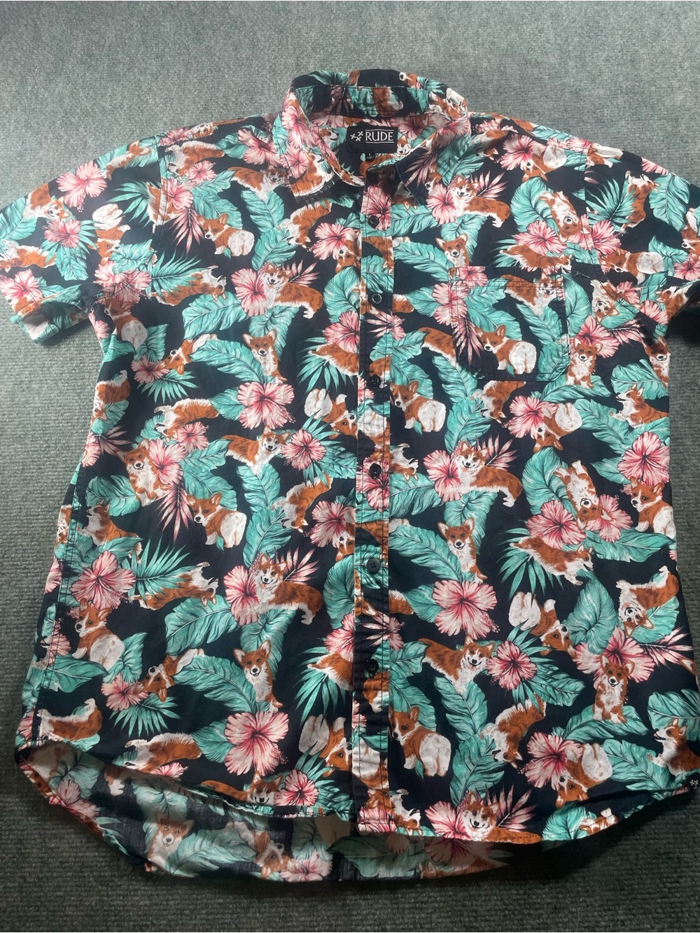 RUDE Navy Tropical Corgi Short Sleeve Button-Up Shirt